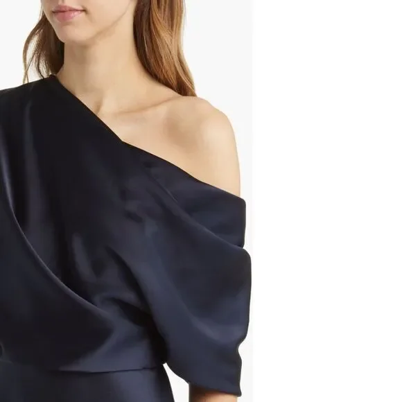 Amsale NAVY One Shoulder Fluid Satin Cocktail Midi Dress, NWT, Size 4 - Picture 3 of 13